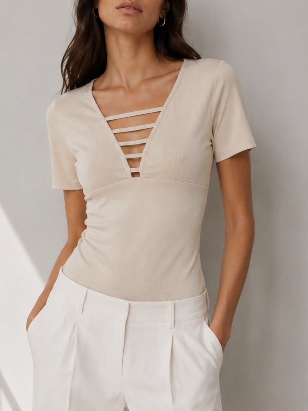 H&M ribbed short sleeve chest caged top